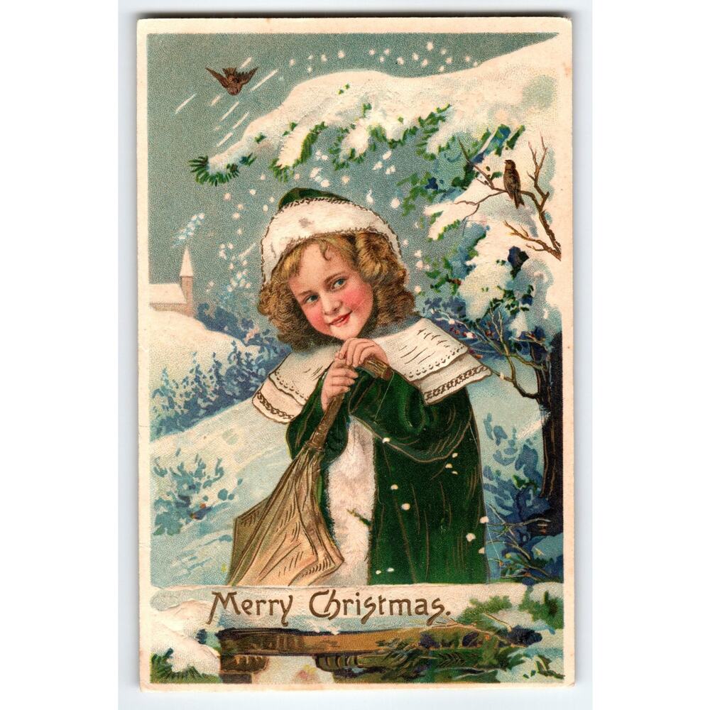 Vintage Merry Christmas Postcard Cute Girl in Green Coat Snow Scene Antique